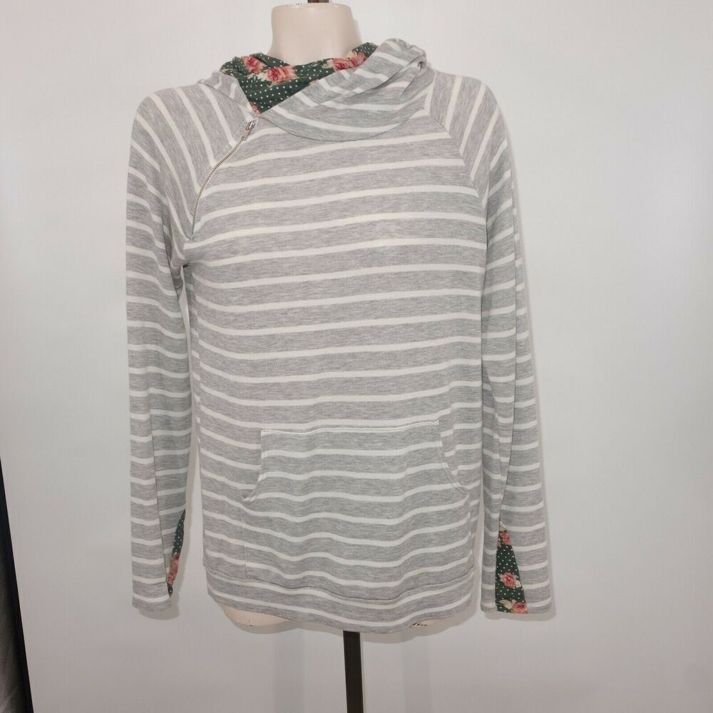 7th Ray Gray White Stripe Green Floral Double Hoodie Shirt Women's 4/6 Small